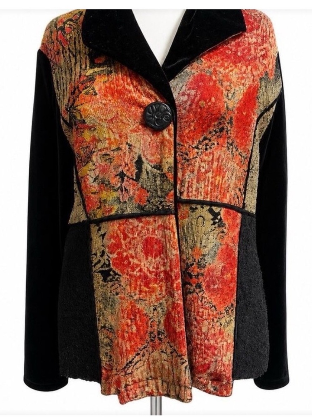 Coldwater Creek Orange Floral Patchwork Velvet Blazer with Black Panels